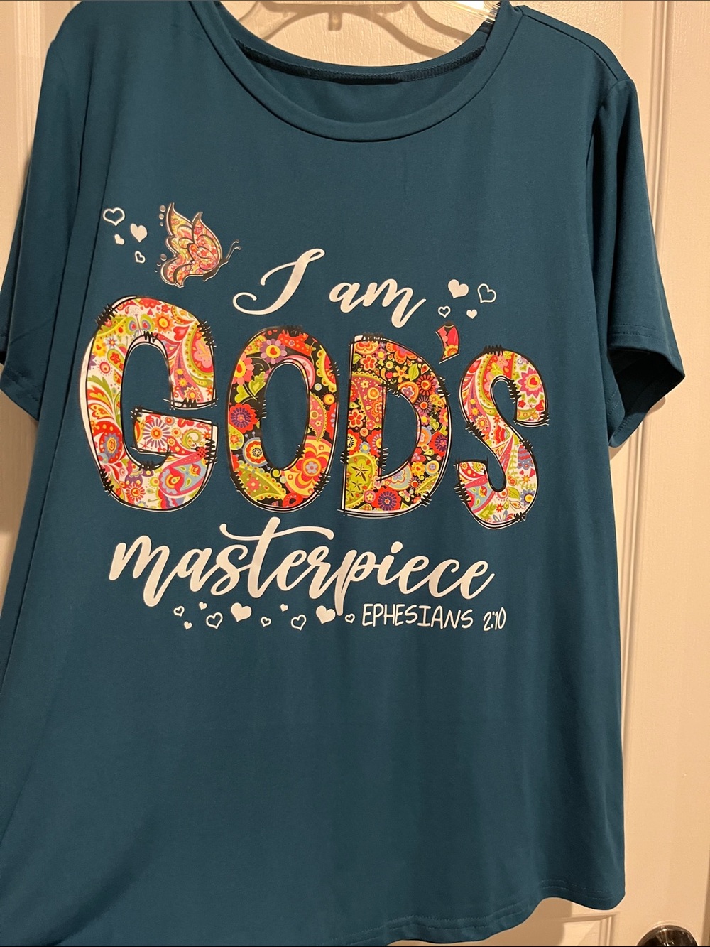 SHEIN Teal Graphic 'I Am God's Masterpiece' Short Sleeve Tee